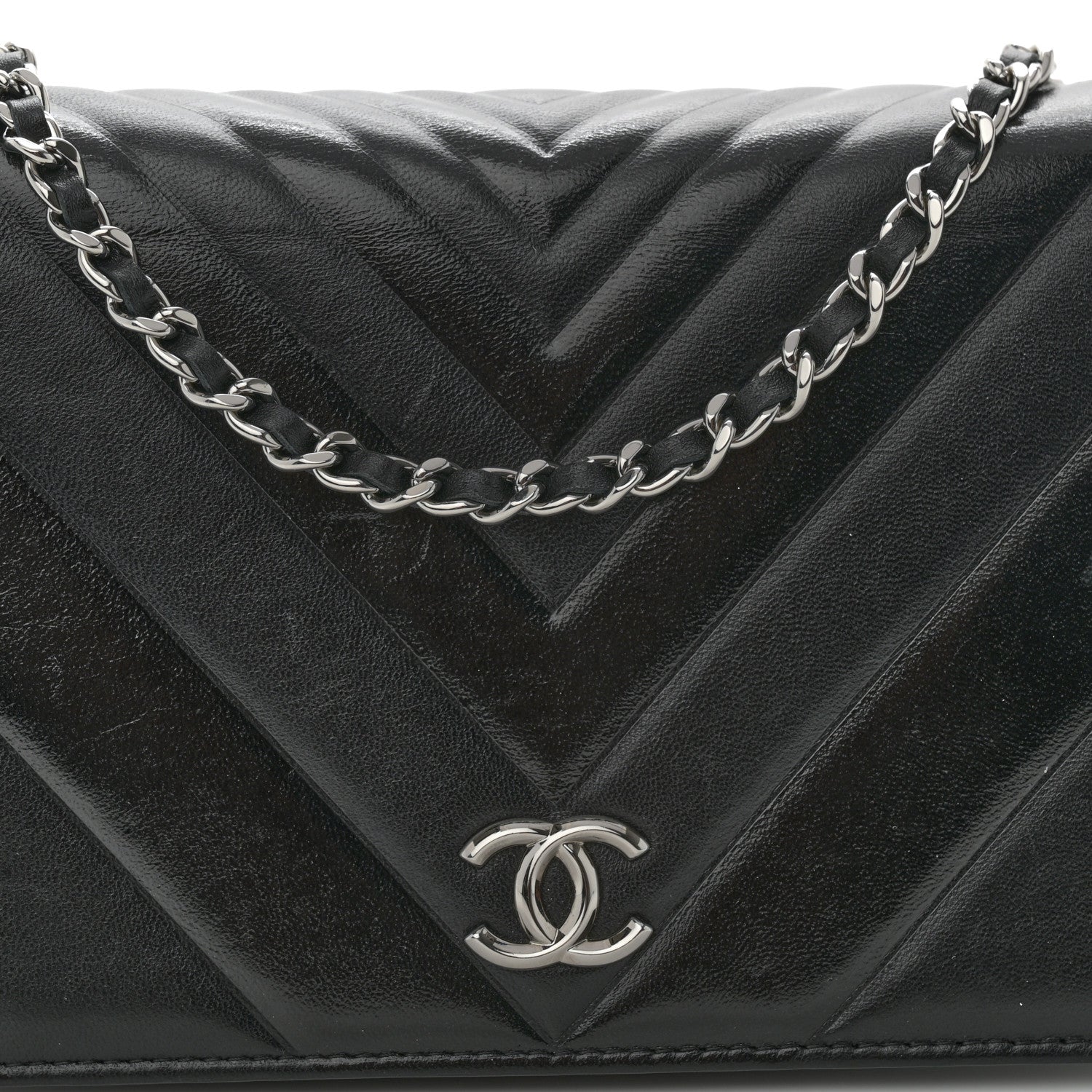 Chanel Lambskin Chevron Quilted Wallet On Chain WOC Black 9 of 12