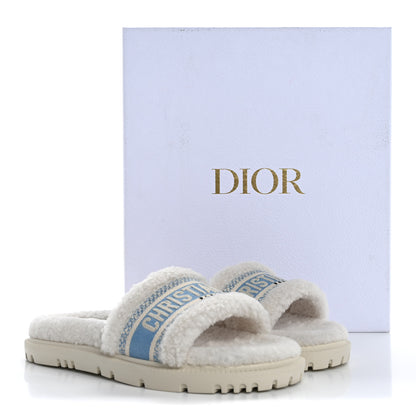 Christian Dior Shearling Canvas Embroidered Dway 10mm Slide Sandals 37.5 Natural Light Blue 10 of 10
