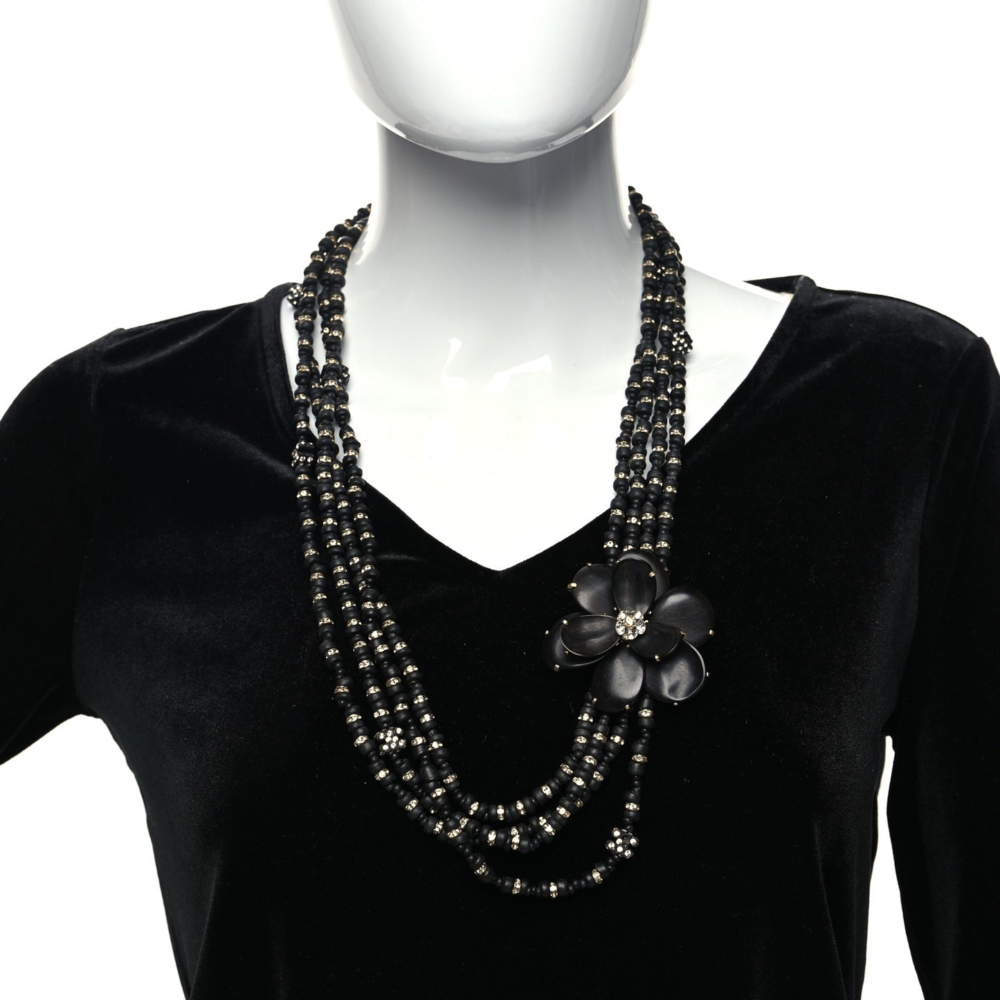 Wood Crystal Bead Camellia Multi Strand Necklace Black
