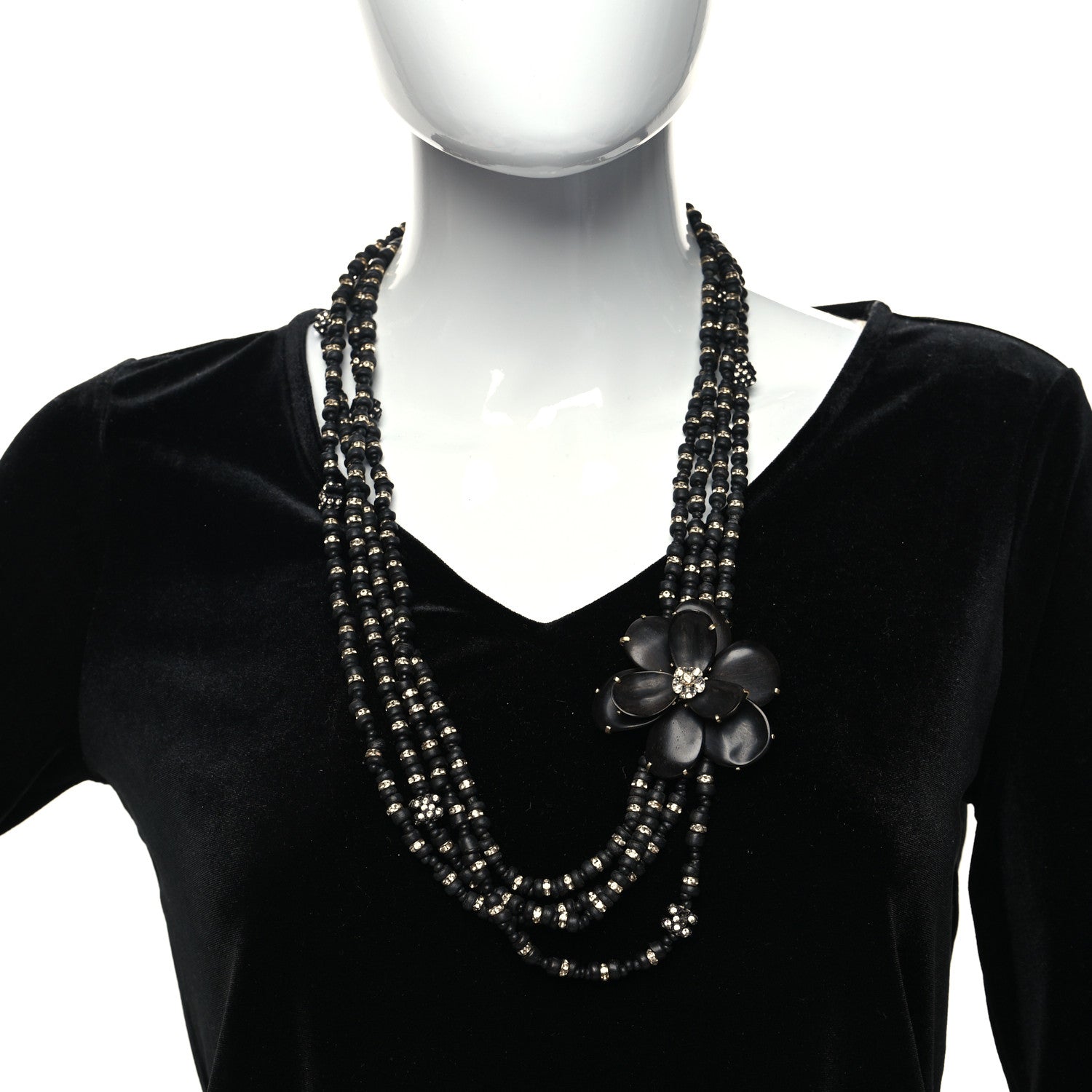 Chanel Wood Crystal Bead Camellia Multi Strand Necklace Black 2 of 6