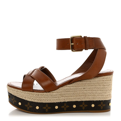 Louis Vuitton Calfskin Studded Espadrille Wedge Sandals 35.5 Cognac 1 of 9