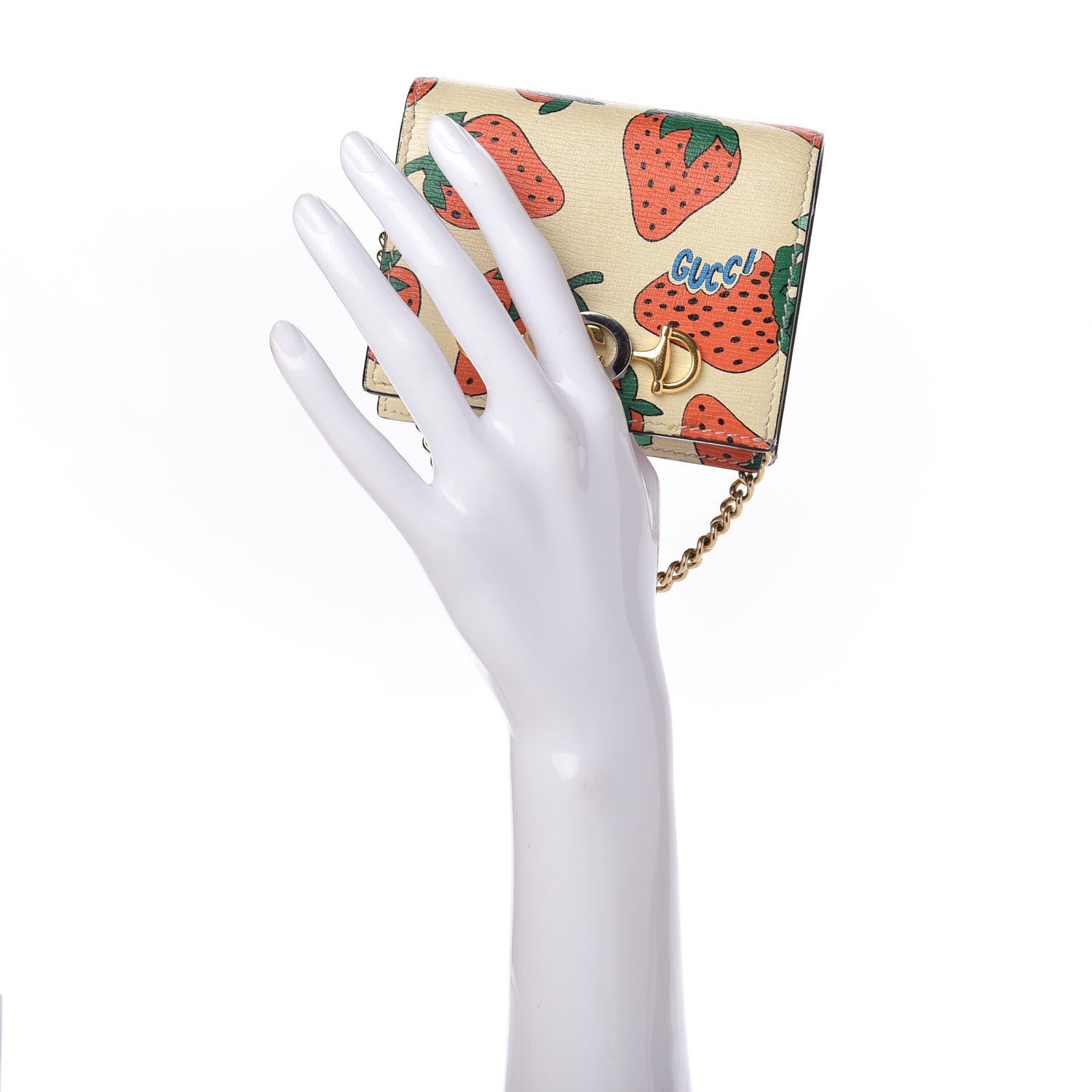 Gucci Calfskin Strawberry Print Zumi Chain Card Case Wallet Ivory Red 2 of 7