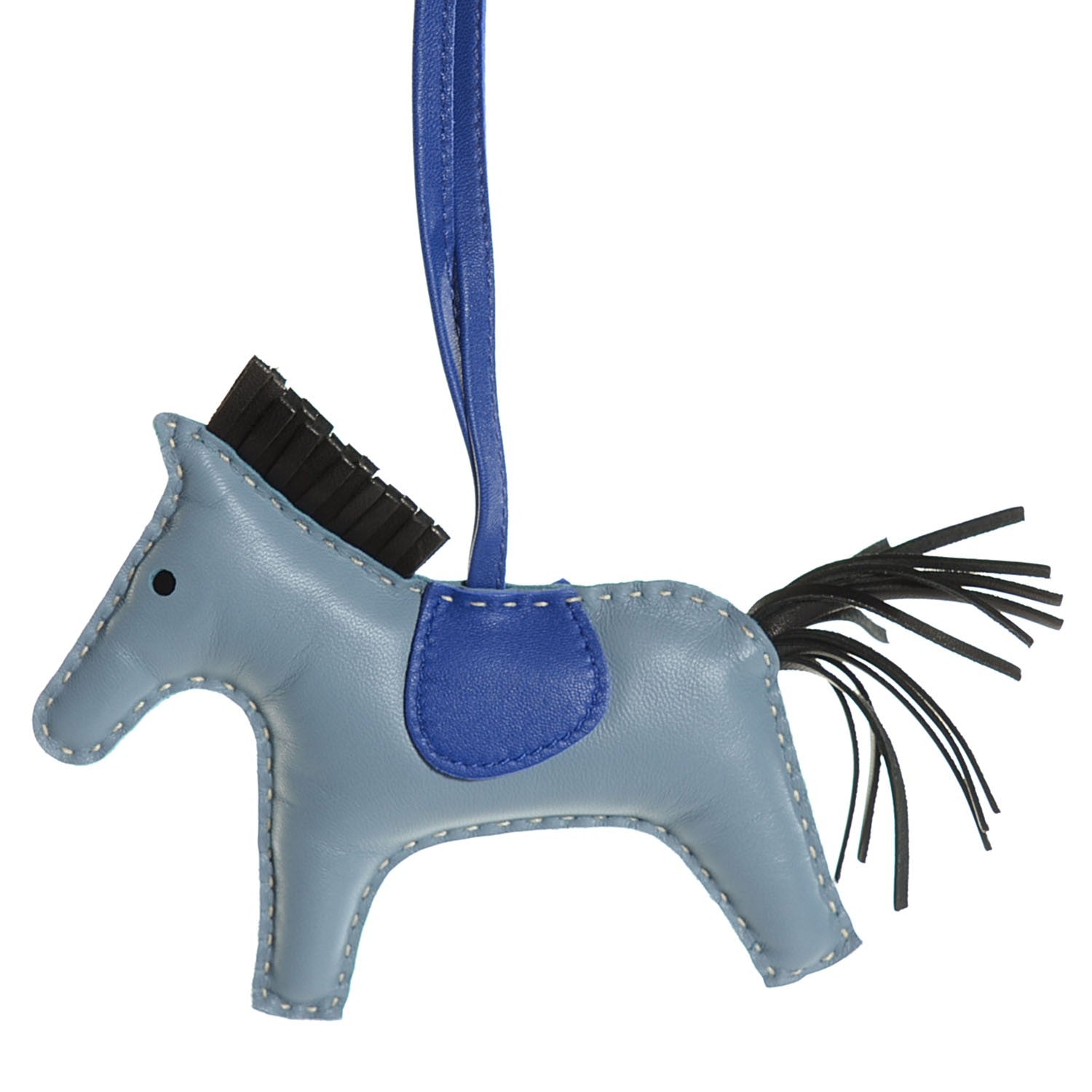 Hermes Milo Lambskin Grigri Rodeo Horse Bag Charm MM Bleu Lin Bleu Electrique Noir 3 of 5