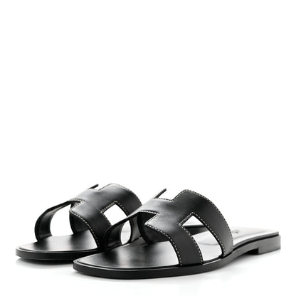 Hermes Box Calfskin Oran Sandals 37.5 Black 3 of 9