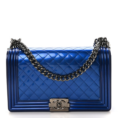 Chanel Metallic Patent Quilted New Medium Boy Flap Blue 1 of 10