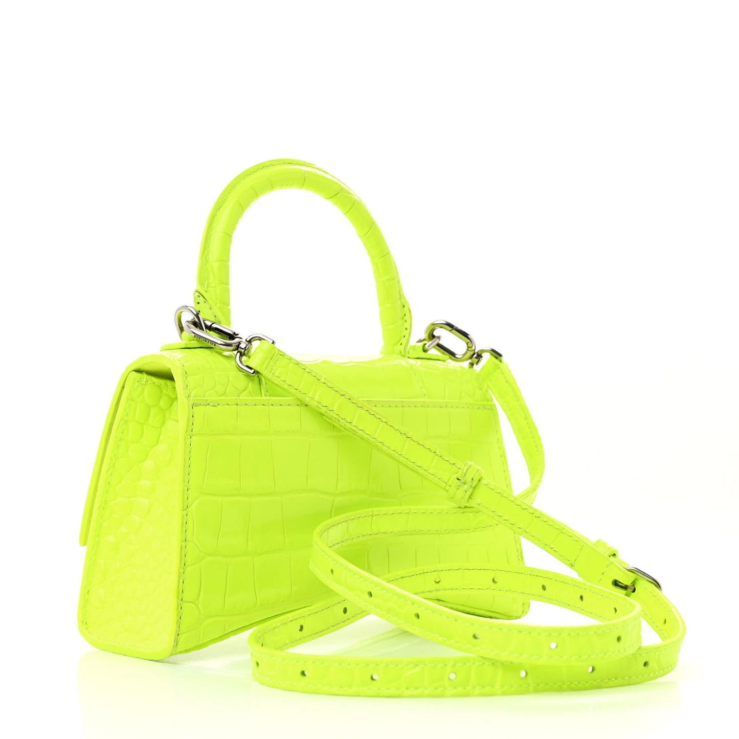 Shiny Calfskin Crocodile Embossed Hourglass Top Handle Bag XS Fluo Yellow