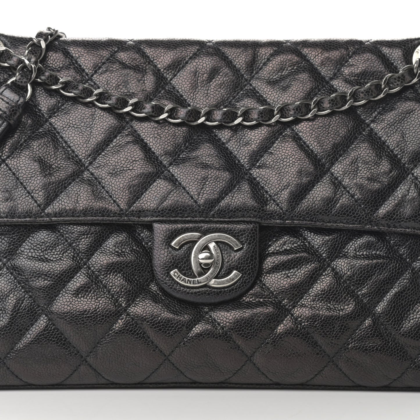 Crumpled Grained Calfskin Jumbo CC Crave Flap Black