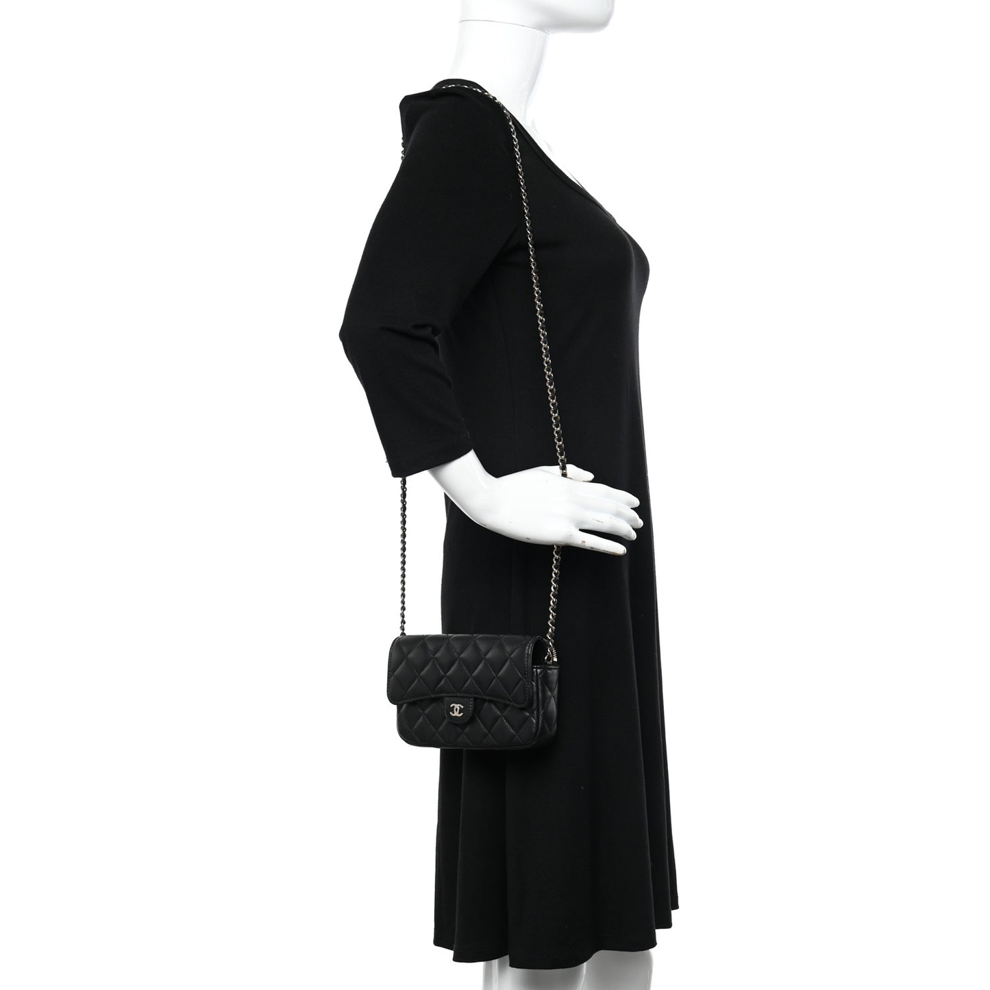 Lambskin Quilted Flap Phone Holder With Chain Black