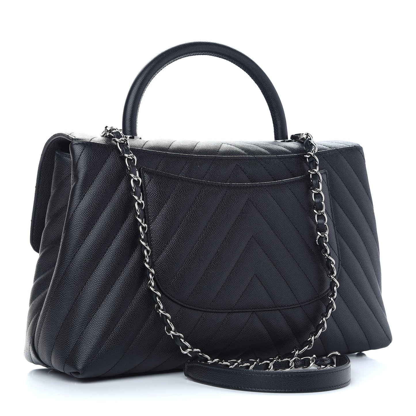 Caviar Chevron Quilted Medium Coco Handle Flap Black
