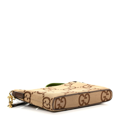 Gucci Monogram Jumbo GG Textured Dollar Calfskin Web Wristlet Messenger Bag Camel Ebony New Acero 4 of 12