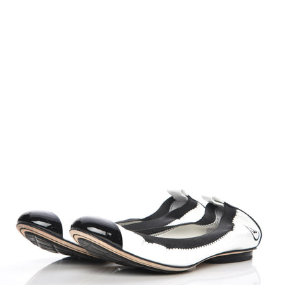 Chanel Patent CC Elastic Cap Toe Ballerina Flats 37 White Black 3 of 9