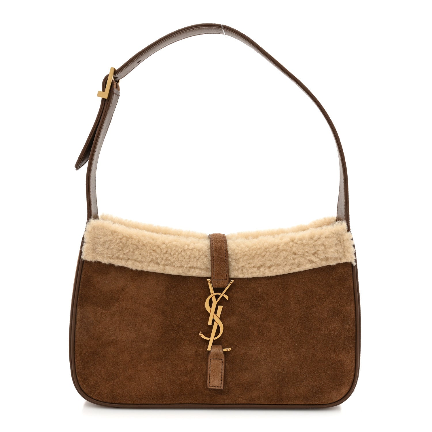 Saint Laurent Suede Calfskin Shearling Le 5 A 7 Hobo Dark Cigar Natural Beige 1 of 13