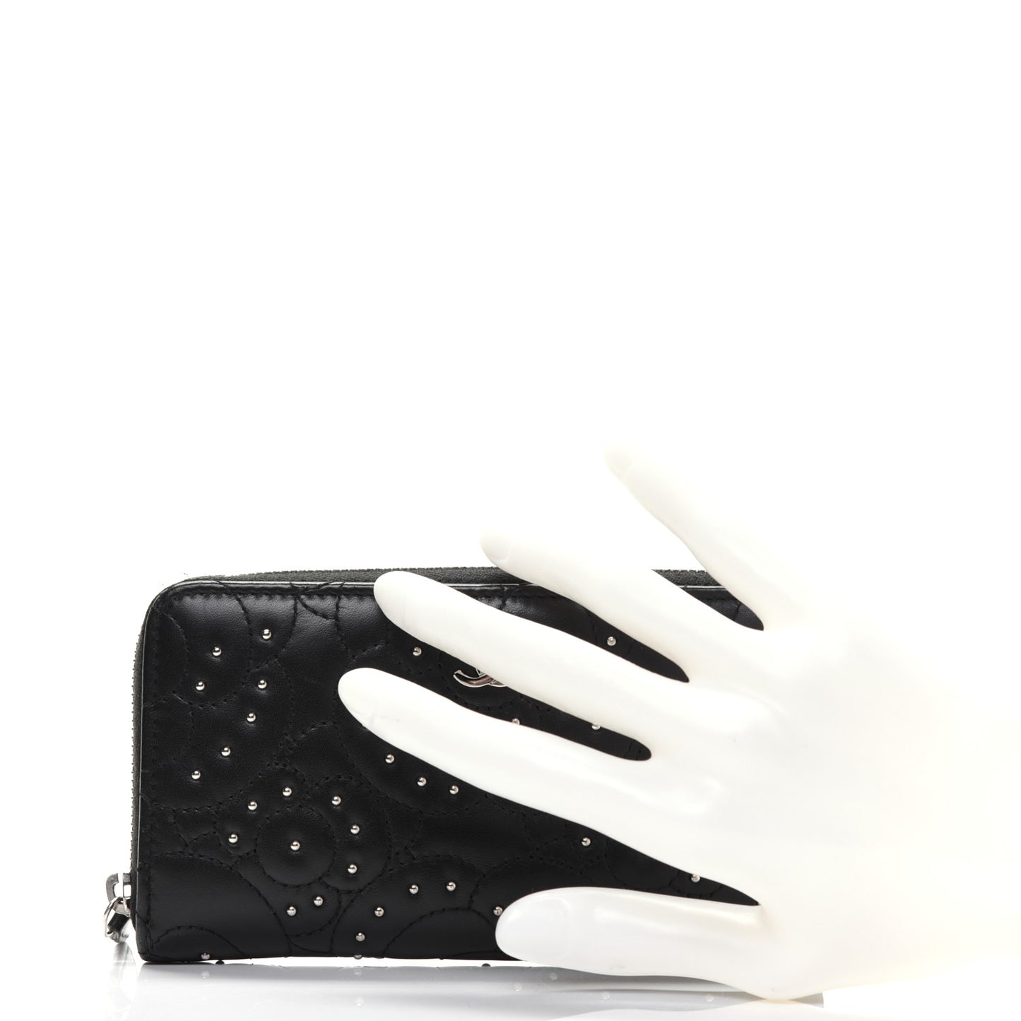 Lambskin Camellia Studded Large Gusset Zip Around Wallet Black