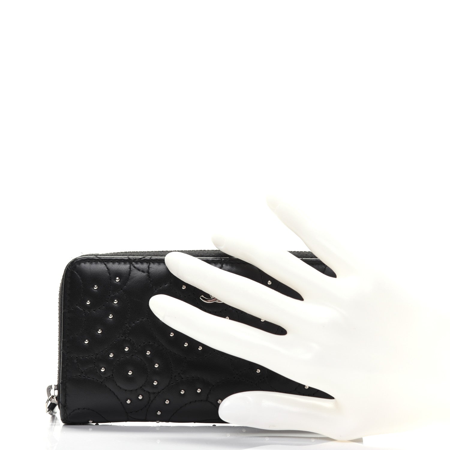 Chanel Lambskin Camellia Studded Large Gusset Zip Around Wallet Black 2 of 15