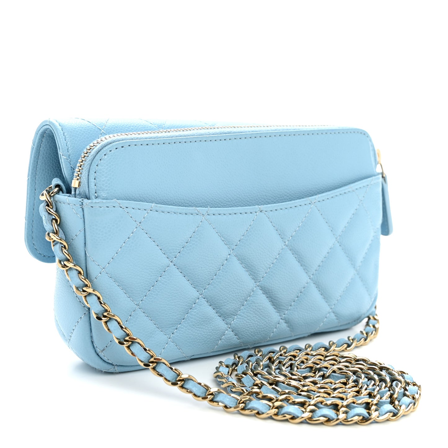 Caviar Quilted Flap Phone Holder With Chain Light Blue