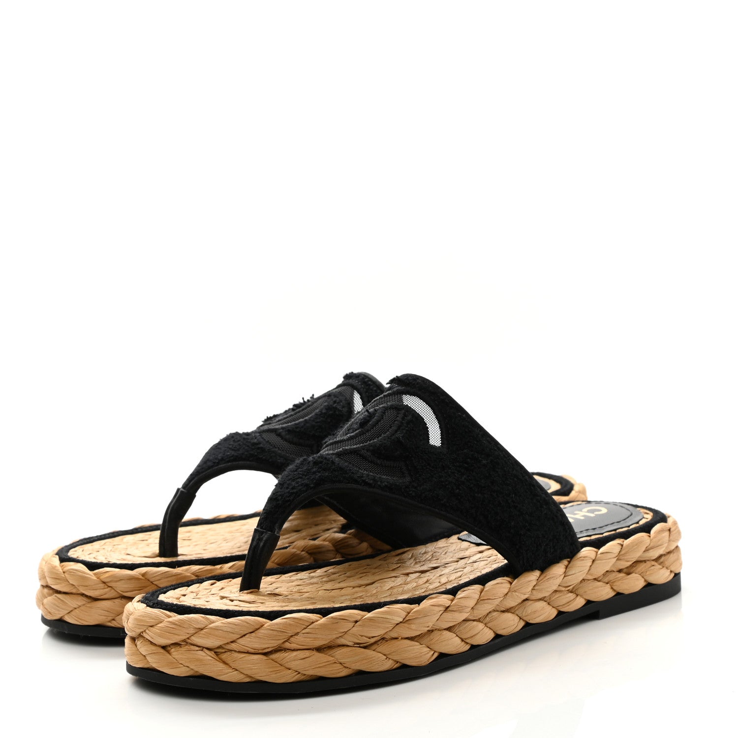 Chanel Terry Cloth Raffia CC Logo Thong Sandals 35 Black 3 of 9