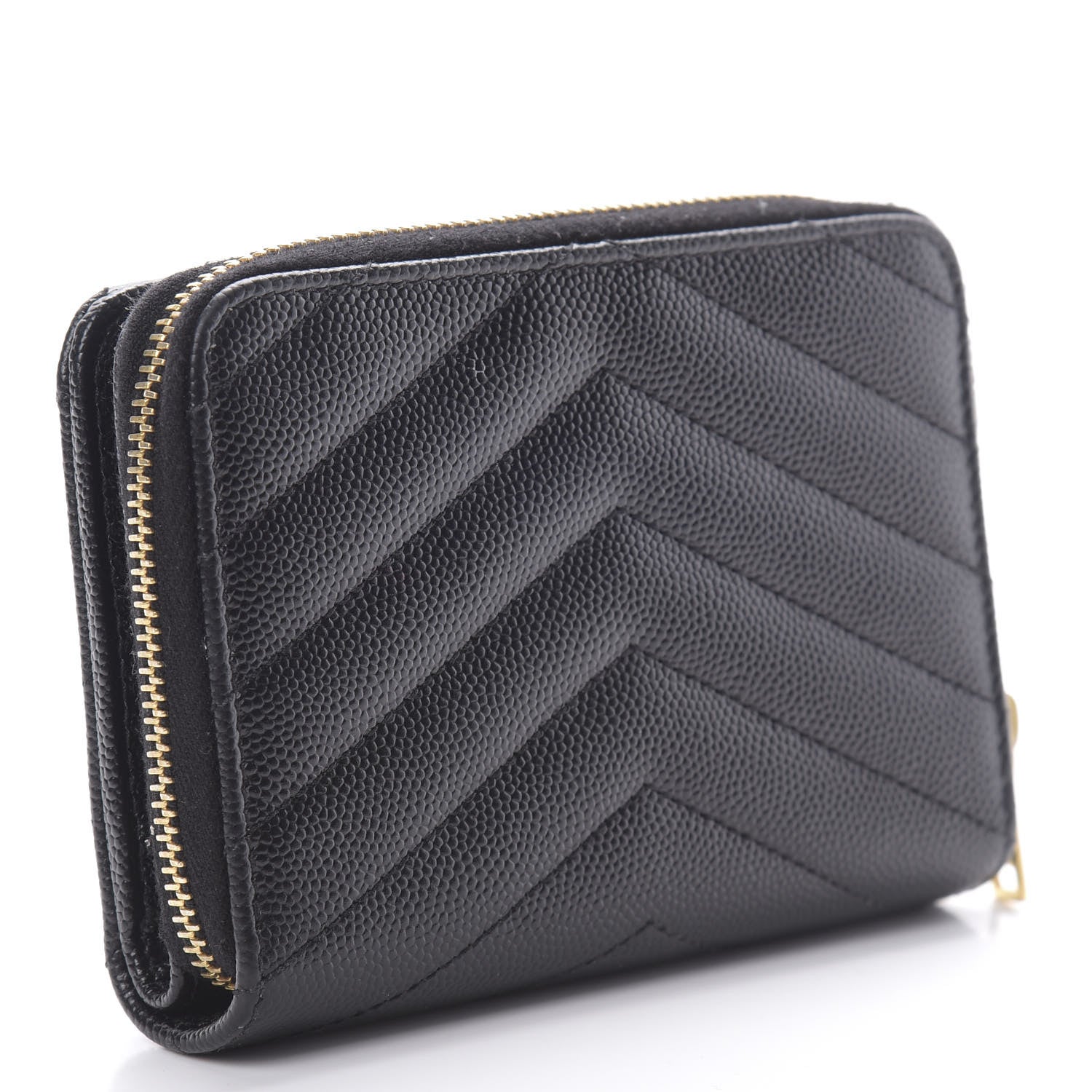 Saint Laurent Grain De Poudre Matelasse Chevron Monogram Compact Zip Around Wallet Black 3 of 8