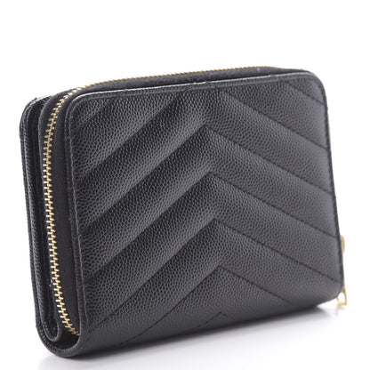 Saint Laurent Grain De Poudre Matelasse Chevron Monogram Compact Zip Around Wallet Black 3 of 8