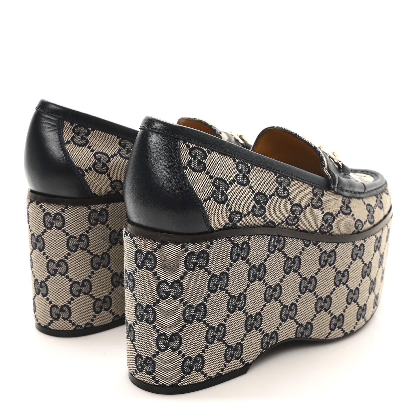Canvas GG Monogram Horsebit Calfskin Womens Horsebit Platform Loafers 37 Beige Blue