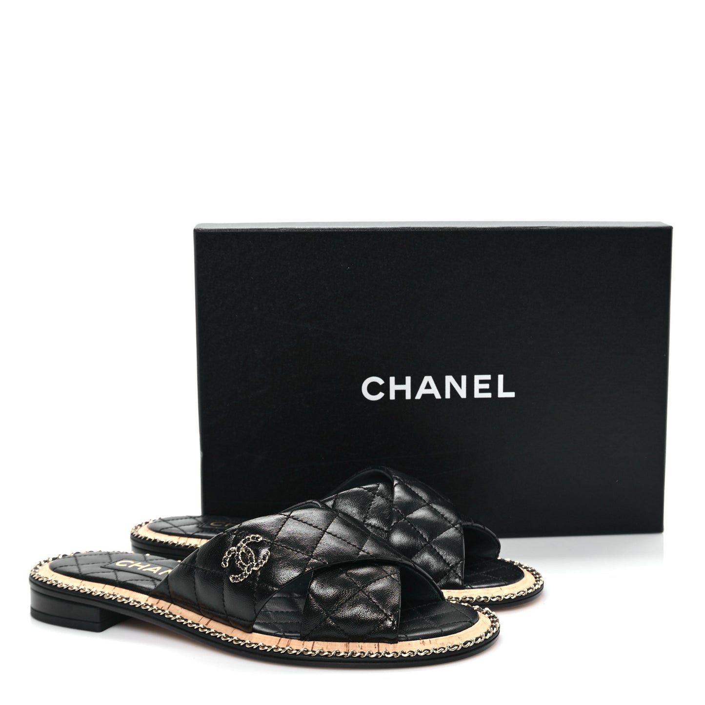 Lambskin Quilted Chain CC Sandals 38 Black