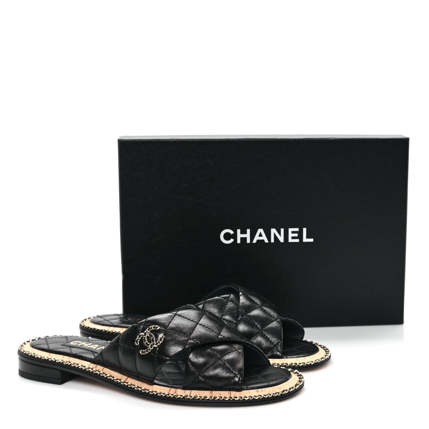 Chanel Lambskin Quilted Chain CC Sandals 38 Black 10 of 10