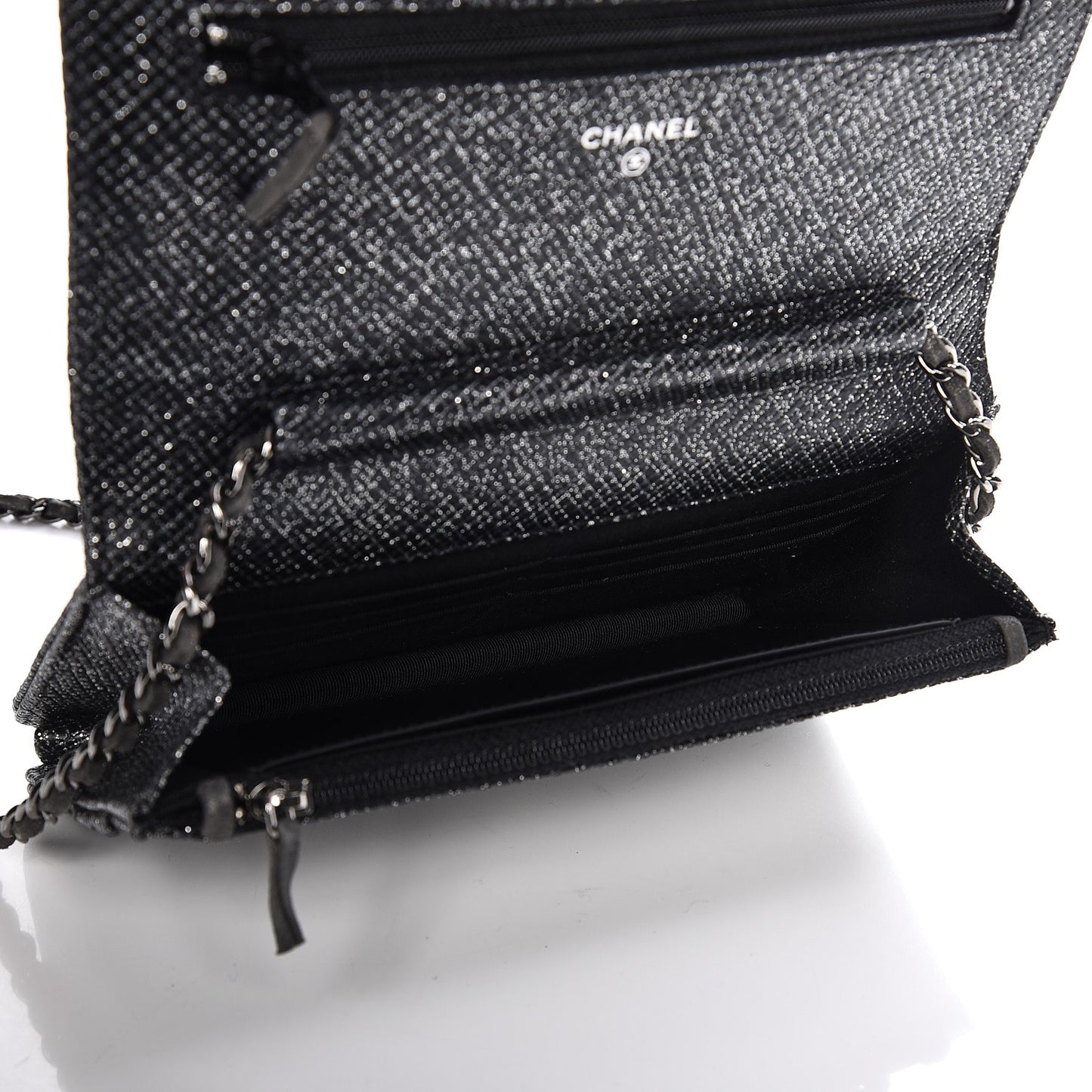 Glitter Calfskin Quilted Wallet on Chain WOC Black Silver