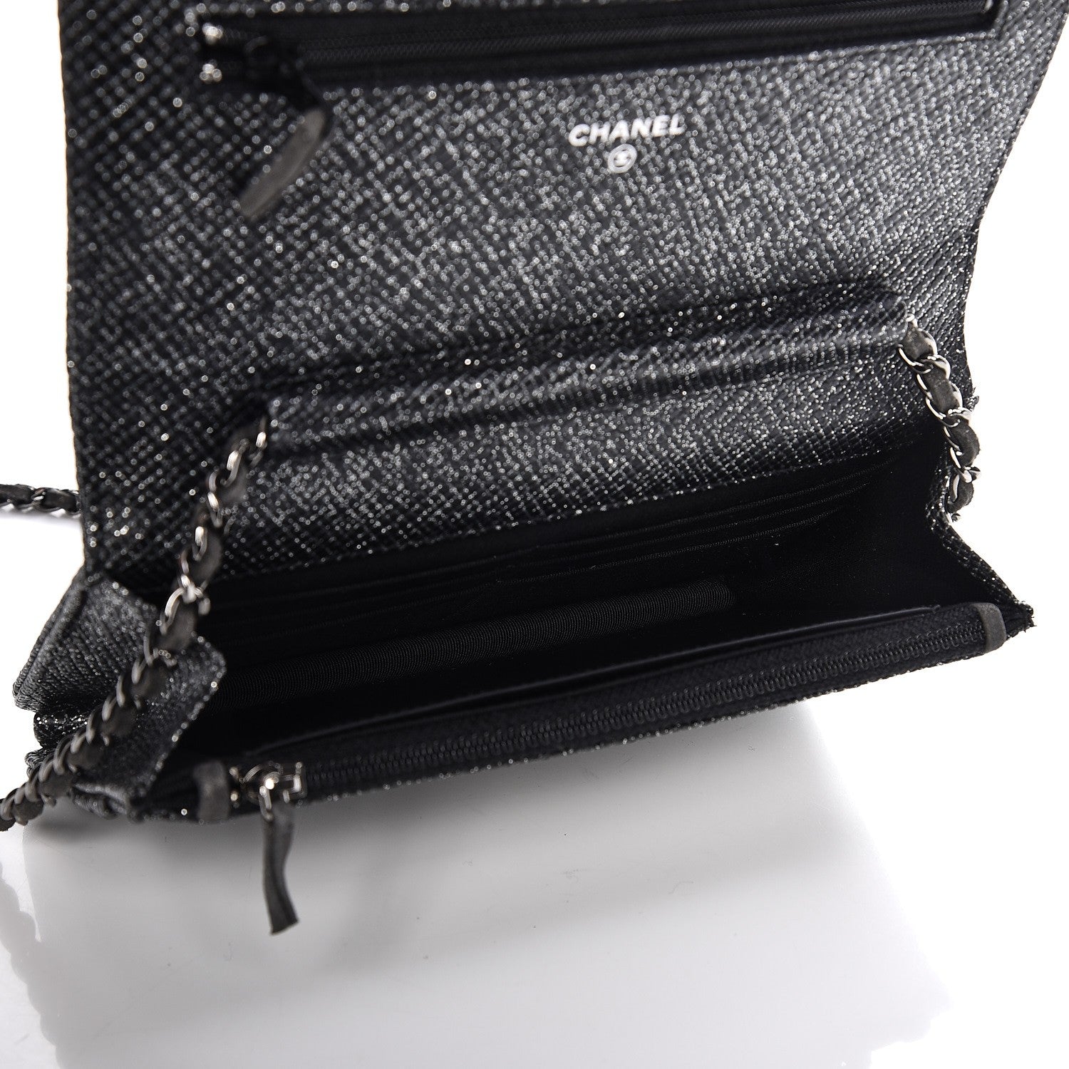 Chanel Glitter Calfskin Quilted Wallet on Chain WOC Black Silver 5 of 9