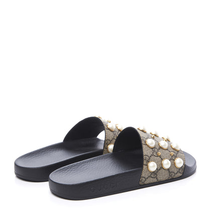 Gucci GG Supreme Monogram Pearls Slide Sandals 37 Beige 4 of 11