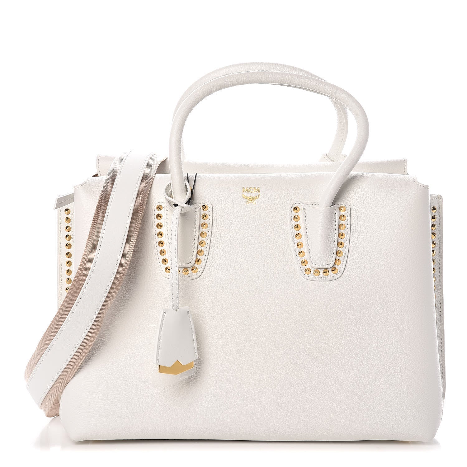 MCM Grained Calfskin Studded Medium Milla Tote White 1 of 9
