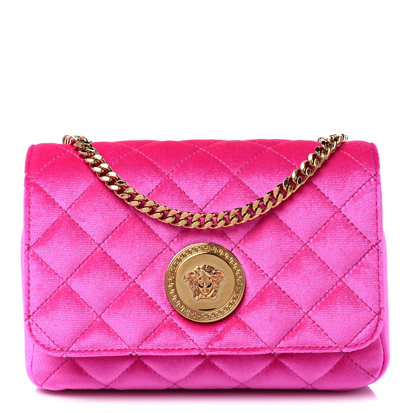 Velvet Quilted Medusa Chain Crossbody Pink