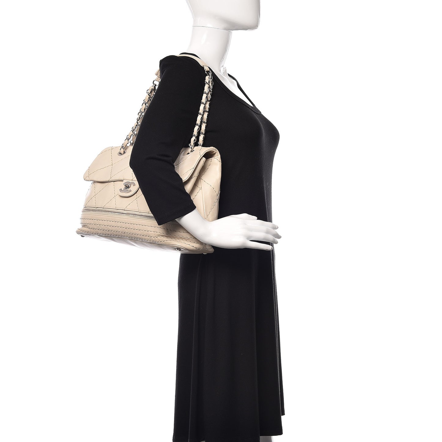 Calfskin Stitched Large Expandable Flap Bag White