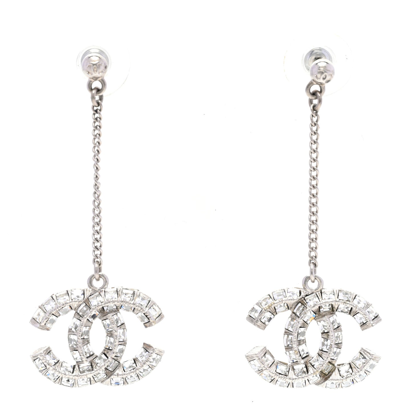 Baguette Crystal CC Drop Earrings Silver