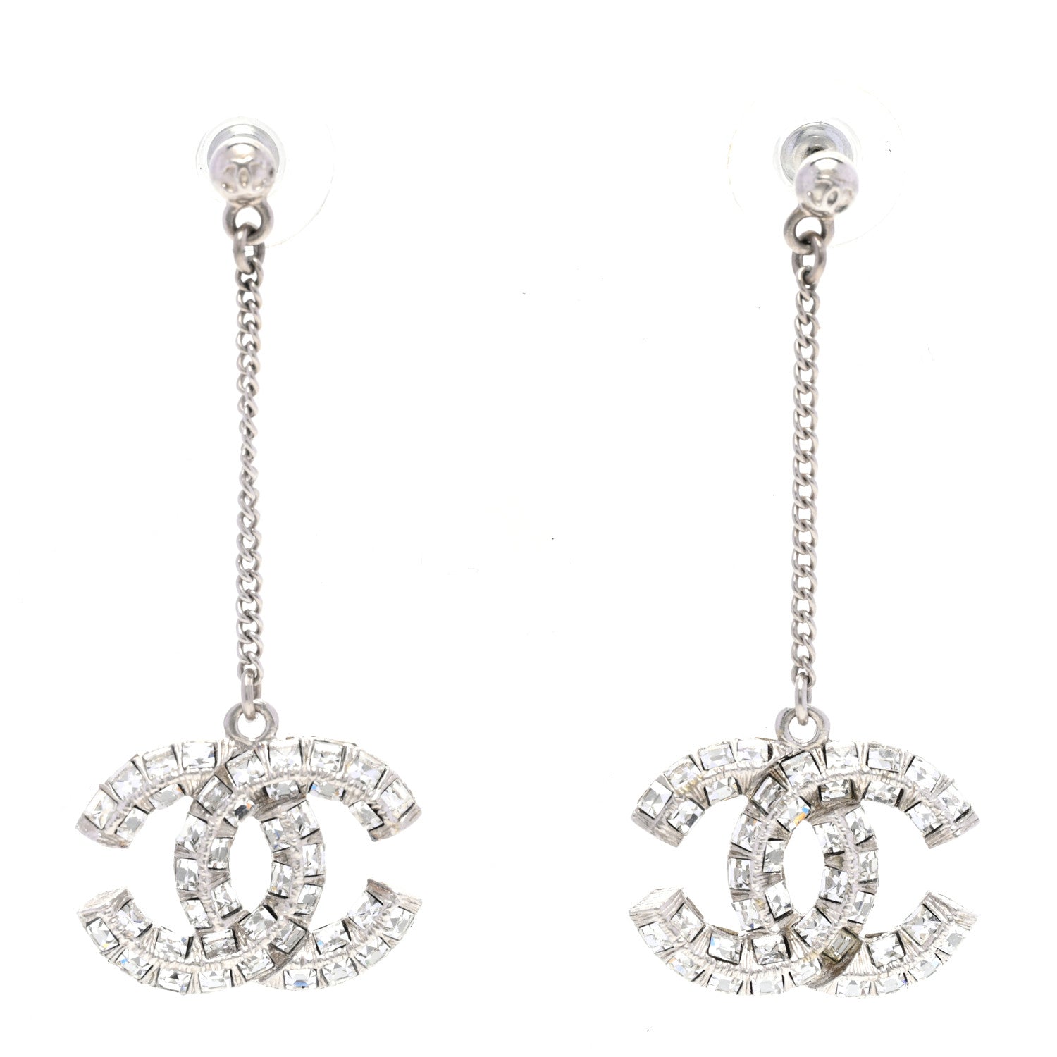 Chanel Baguette Crystal CC Drop Earrings Silver 1 of 4