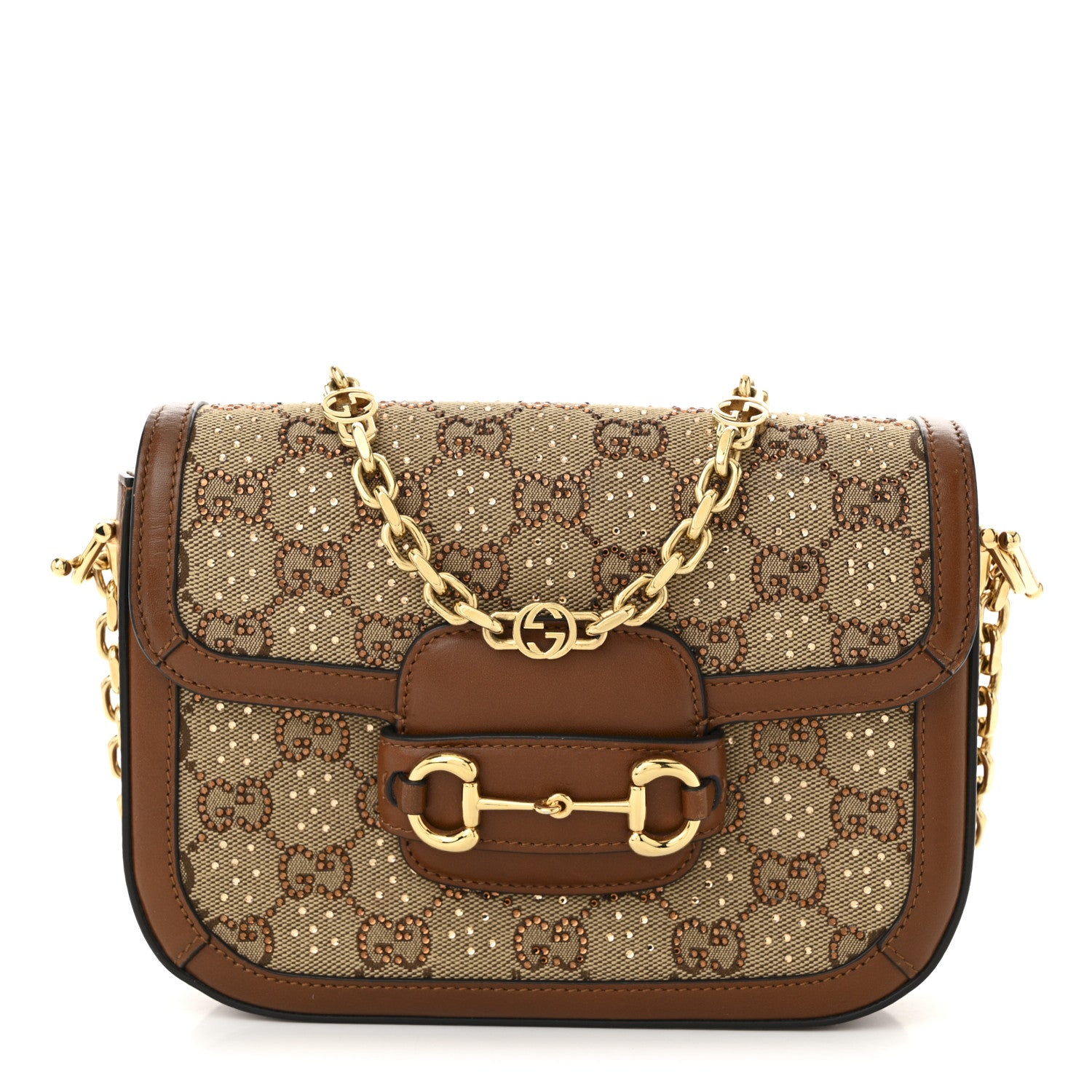 Gucci New Canvas Charisma Calfskin Crystal GG Monogram Mini Horsebit 1955 Shoulder Bag Camel Ebony 1 of 10