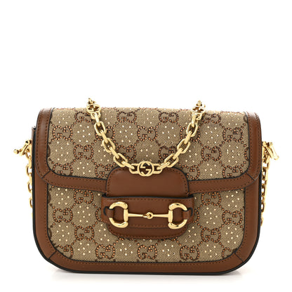 Gucci New Canvas Charisma Calfskin Crystal GG Monogram Mini Horsebit 1955 Shoulder Bag Camel Ebony 1 of 10