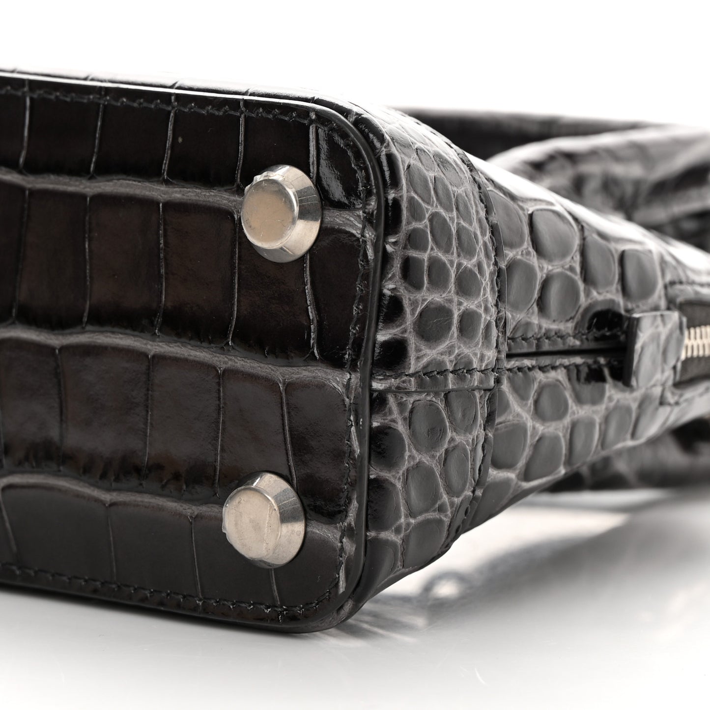 Shiny Calfskin Logo Crocodile Embossed XXS Ville Top Handle Bag Gray