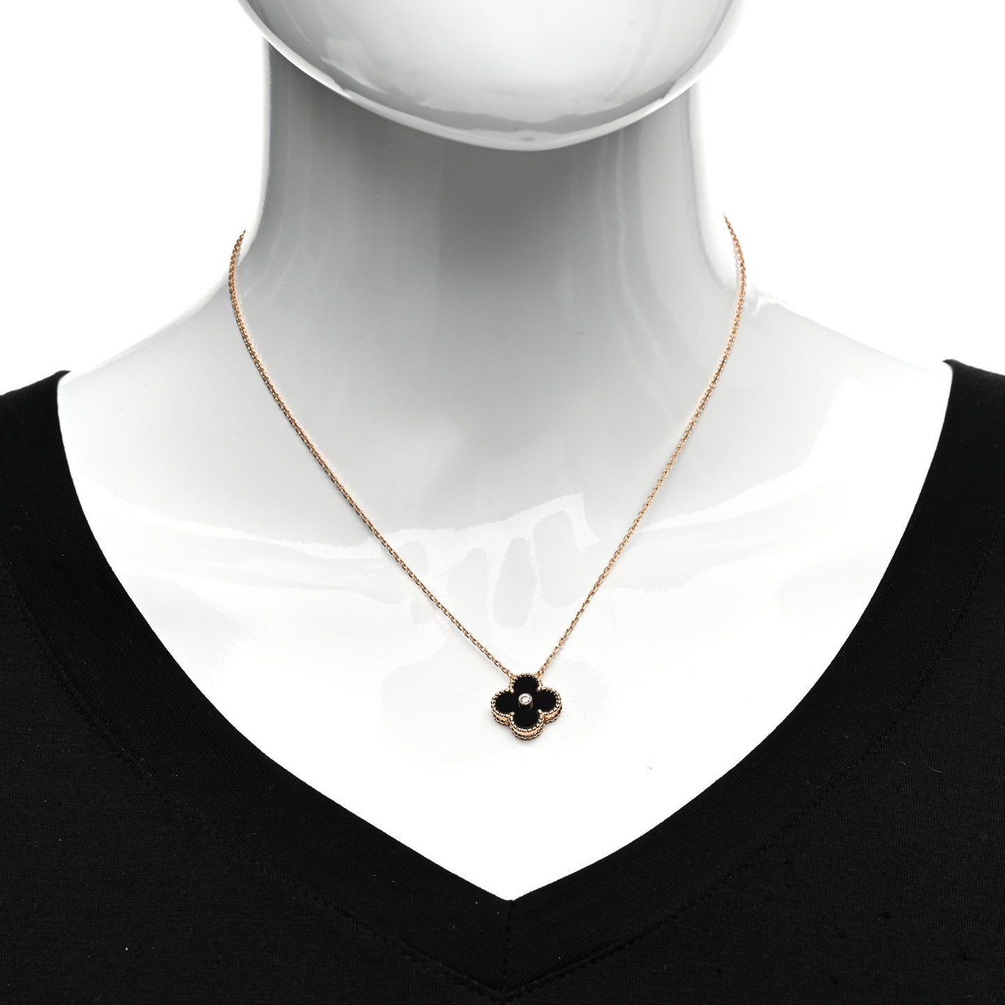 18K Rose Gold Diamond Black Onyx Vintage Alhambra Pendant Necklace