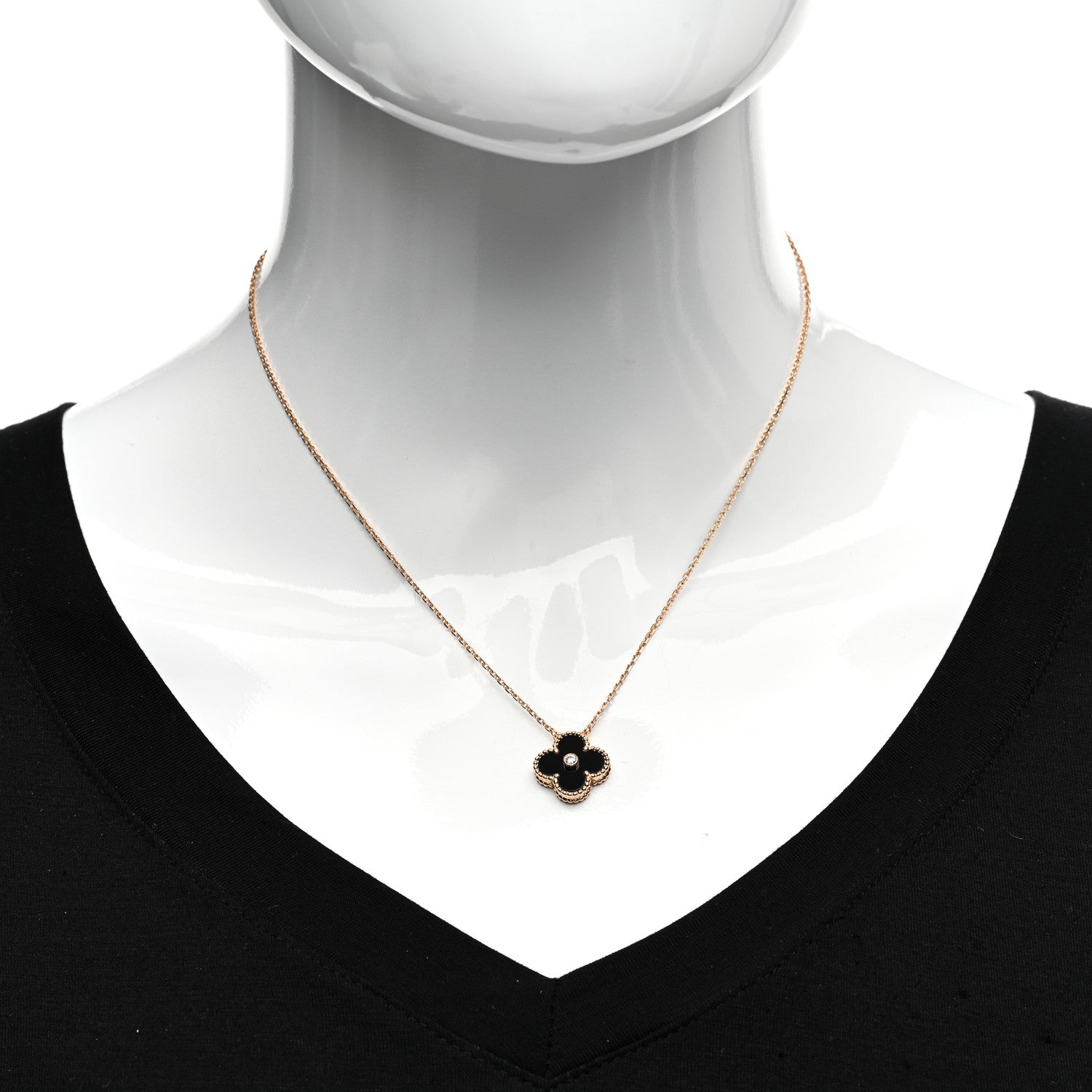 Van Cleef & Arpels 18K Rose Gold Diamond Black Onyx Vintage Alhambra Pendant Necklace 2 of 5