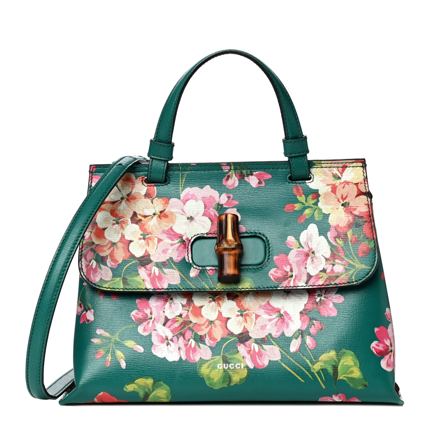 Shangai Calfskin Blooms Print Small Bamboo Daily Top Handle Bag Clear Bright Emerald Multicolor