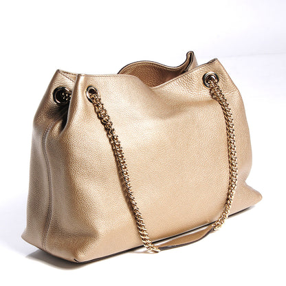 Gucci Metallic Pebbled Calfskin Medium Soho Chain Shoulder Bag Golden Beige 3 of 9