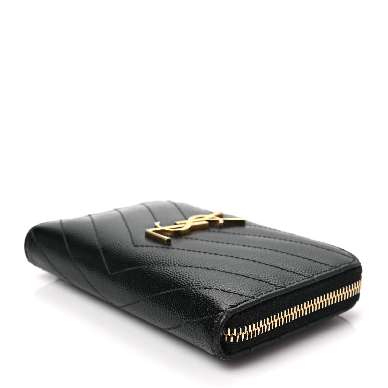 Saint Laurent Grain De Poudre Matelasse Chevron Monogram Small Zip Around Wallet Black 7 of 7