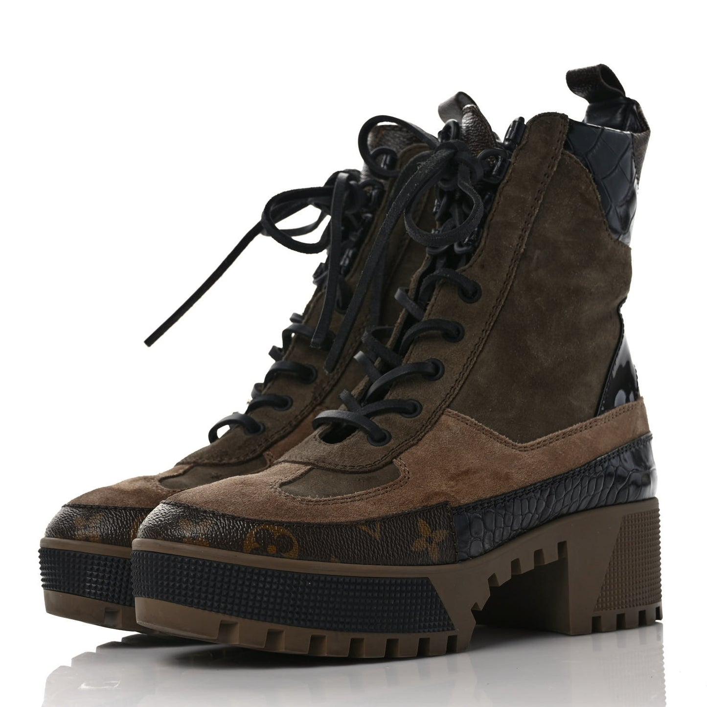 Suede Calfskin Crocodile Embossed Patent Monogram Laureate Platform Desert Boots 38 Beige