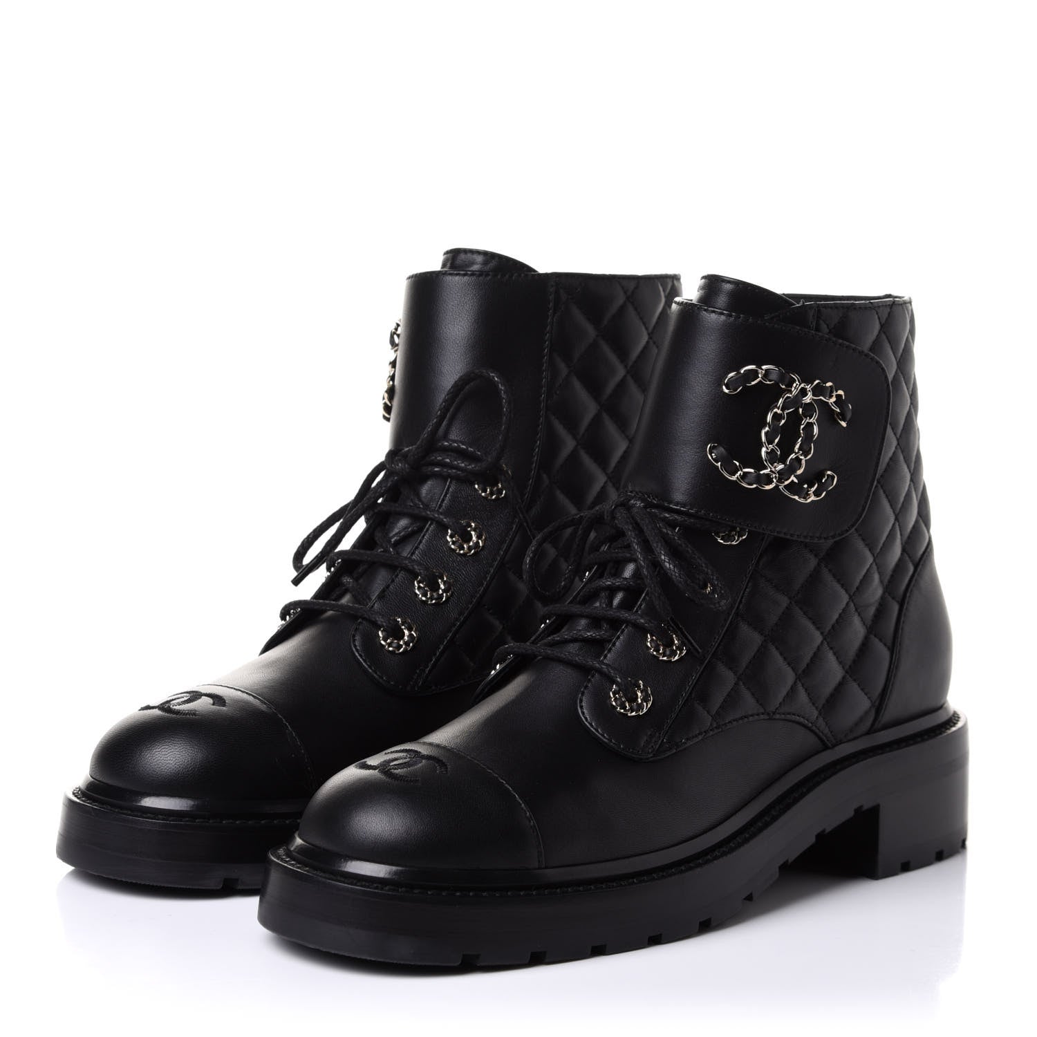 Chanel Shiny Lambskin Quilted Lace Up Combat Boots 39.5 Black 3 of 11