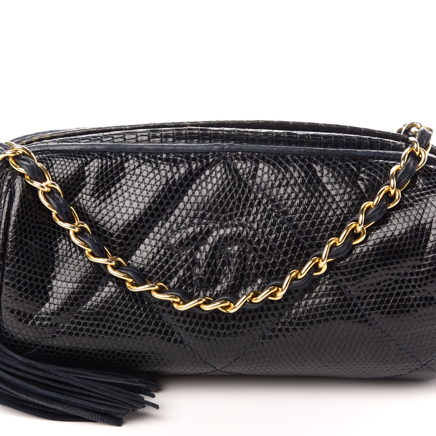 Lizard Quilted Small Tassel Shoulder Bag Navy