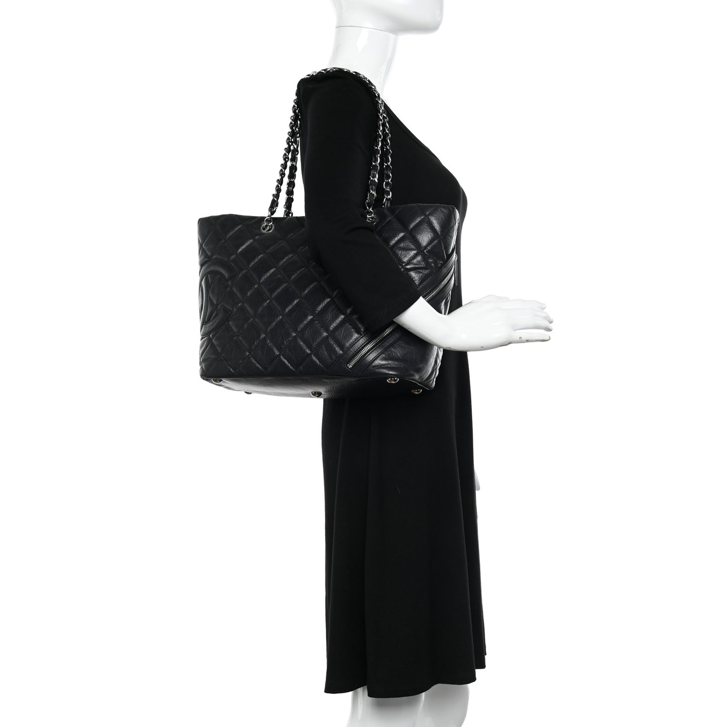 Aged Calfskin Quilted Large Cotton Club Tote Black
