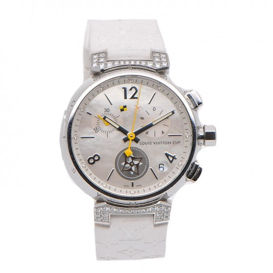 Louis Vuitton Stainless Steel Rubber Diamond Mother of Pearl 34mm Tambour Lovely Cup Quartz Watch 1 of 9