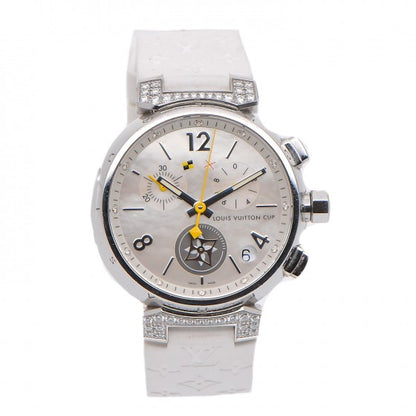 Louis Vuitton Stainless Steel Rubber Diamond Mother of Pearl 34mm Tambour Lovely Cup Quartz Watch 1 of 9