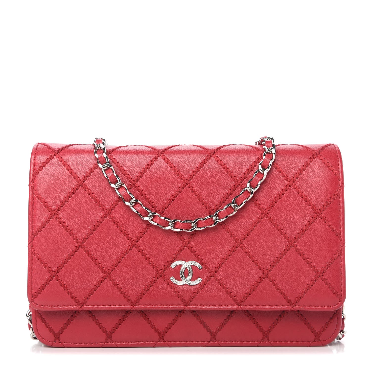 Chanel Calfskin Diamond Stitch Wallet On Chain WOC Fuchsia 1 of 12