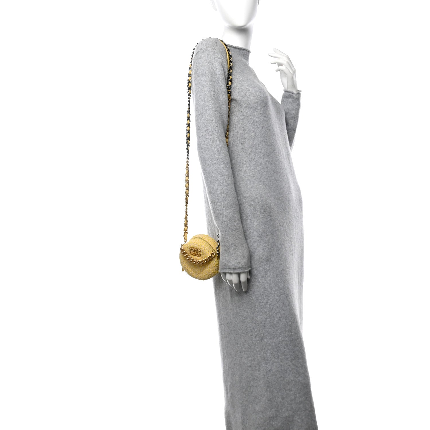 Chanel Wool Tweed Lambskin Quilted Chanel 19 Round Clutch With Chain Yellow Pink 2 of 10