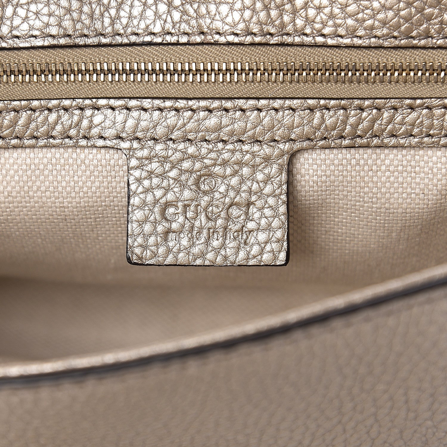 Gucci Metallic Pebbled Calfskin Medium Soho Flap Crossbody Golden Beige 5 of 9
